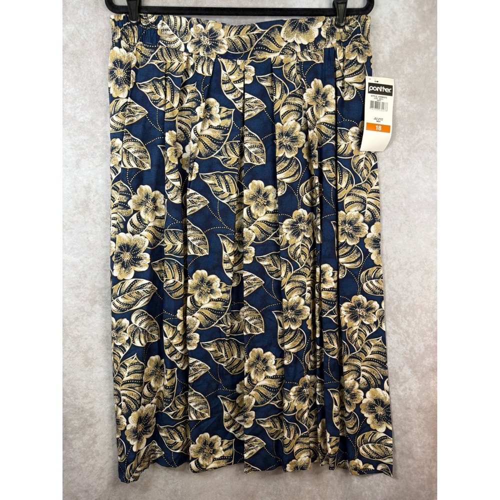 Panther Midi Skirt Women Size 18 Navy Blue Floral Batik Pleated Vintage‎ USA NWT